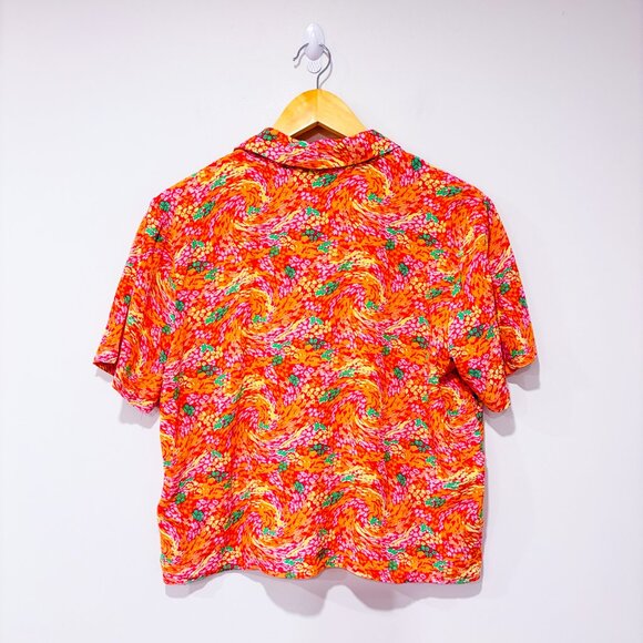 SIMONS Orange and pink cropped floral shirt | Short sleeve viscose | Small * - Picture 2 of 6